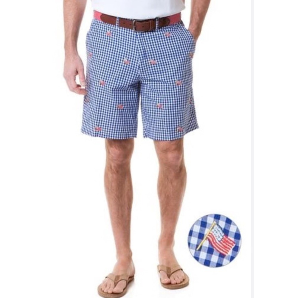Castaway Nantucket Island Short Men 42 Blue Gingham American Flag USA 4 July NWT